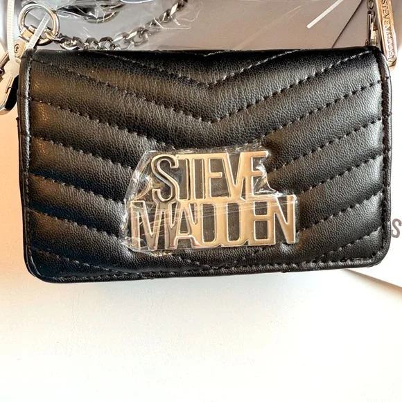Steve Madden Black Quilted Crossbody Mini-Bag wallet Clutch Chain Strap Box NWT - Picture 2 of 7